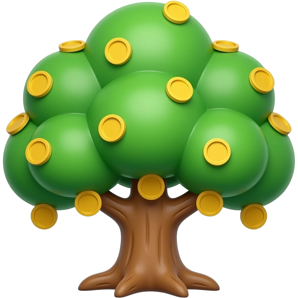 High-quality 3D isometric icon of a stylized financial tree, lush green tree with many golden coins hanging from branches like fruits, thick canopy, very healthy and rich, glossy finish, vibrant colors, white background, mobile game asset style, high quality render, soft studio lighting. emoji