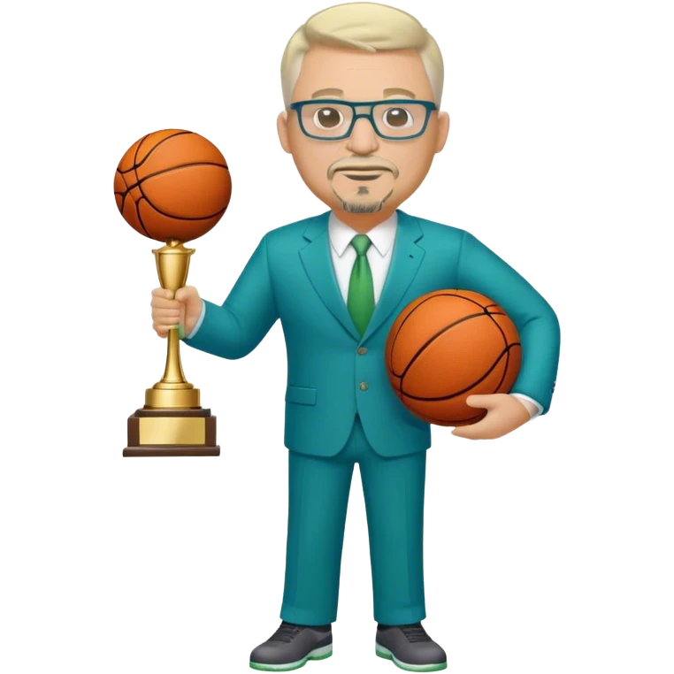 Full Body white middle aged male plus size wearing glasses with a goatee with light blonde and gray very short hair basketball head Coach in blue and green suit holding trophy emoji