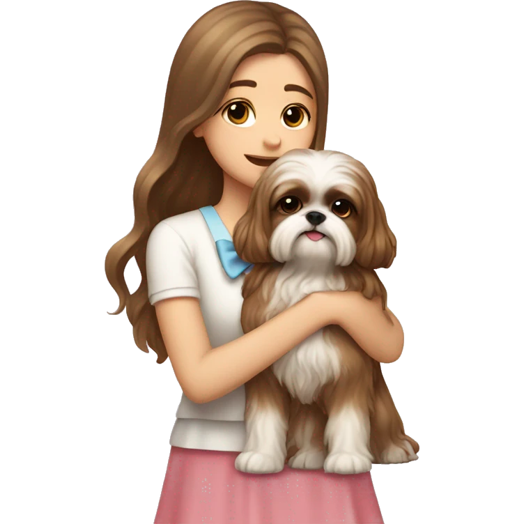 human girl with long wavy brown hair hugging a cream colored shih tzu girl with bow emoji
