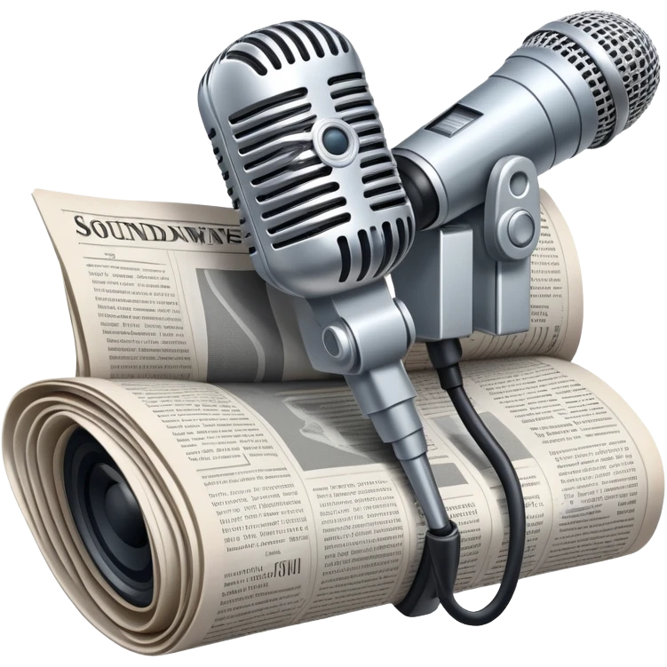 An icon featuring a microphone, a newspaper, and a camera, representing journalism and mass media. The design includes soundwaves and headlines, symbolizing the spread of information and news. Transparent background highlights the power of communication and media. emoji