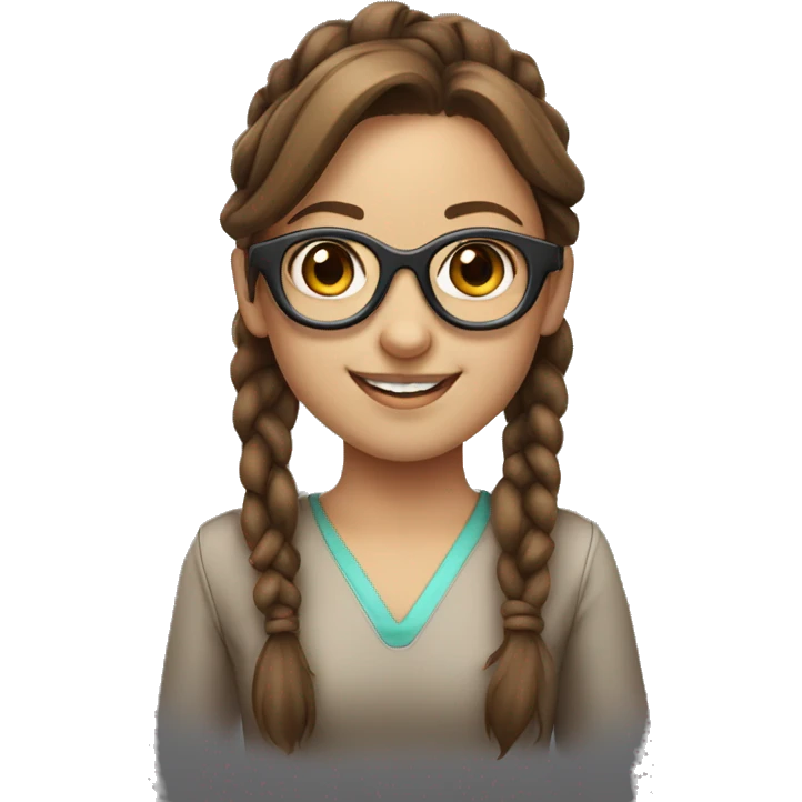 Brown haired young lady with long pigtails, futuristic glasses and a smile emoji