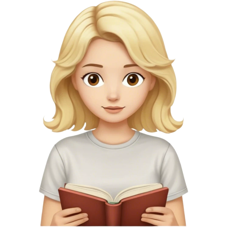 blonde model, brown eyes, medium length wavy hair, comfy t-shirt, reading a book emoji