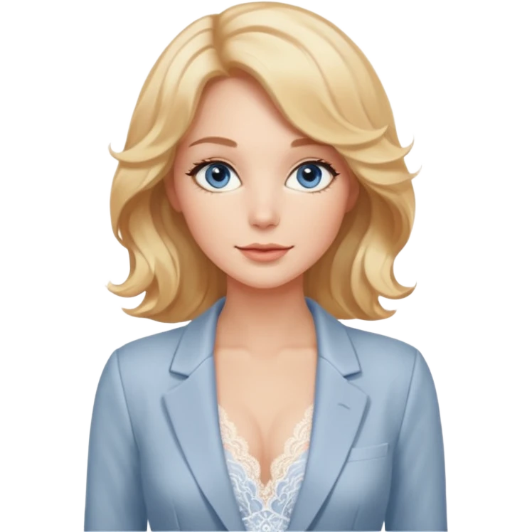 A gentle woman with fair skin, wavy honey-blonde hair, and calm gray-blue eyes. She wears blush lace lingerie and a white blazer, radiating soft confidence and warmth. emoji