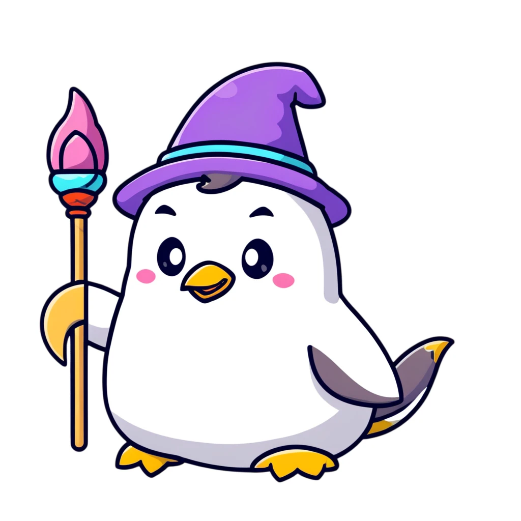 penguin wizard with a staff and hat, surrounded by a small dragon, fairy, and unicorn, colorful fantasy landscape with a castle emoji
