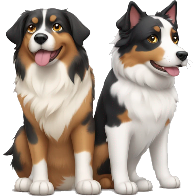 Two animals, a Fat calico cat with a black and tan Australian Shepard dog emoji