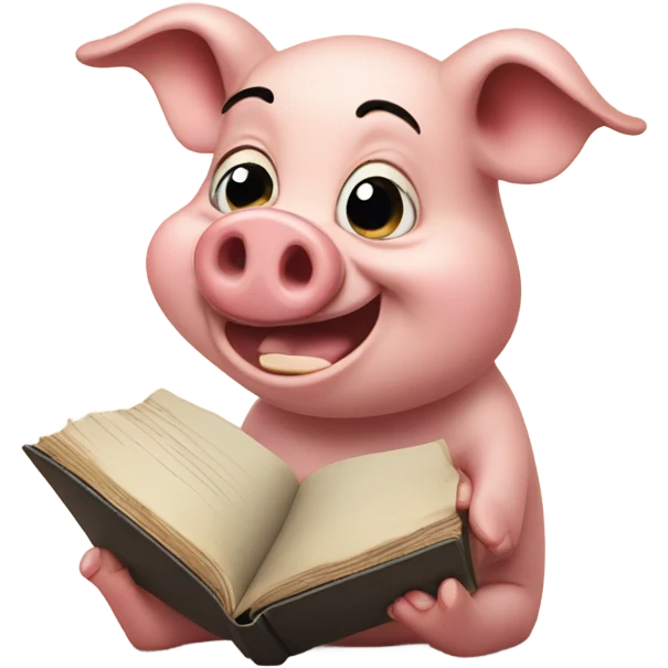 Crying pig with a big smile and eyes that look like and the pig holds a book emoji