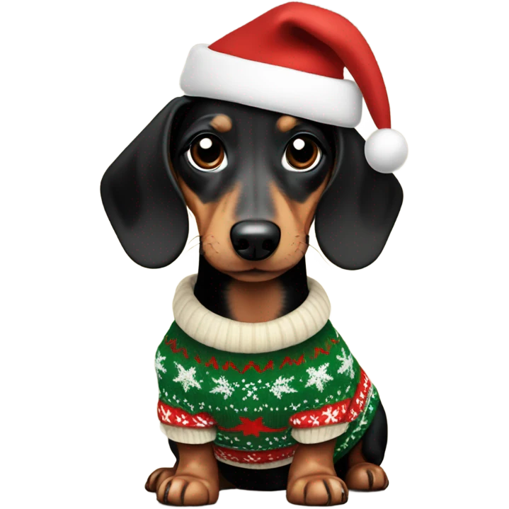 Black and cream mini dachshund wearing a Christmas sweater  emoji