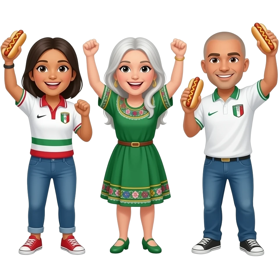 Mexican woman and a white woman with white gray hair and white man with shaved head celebrating a win with hot dogs emoji