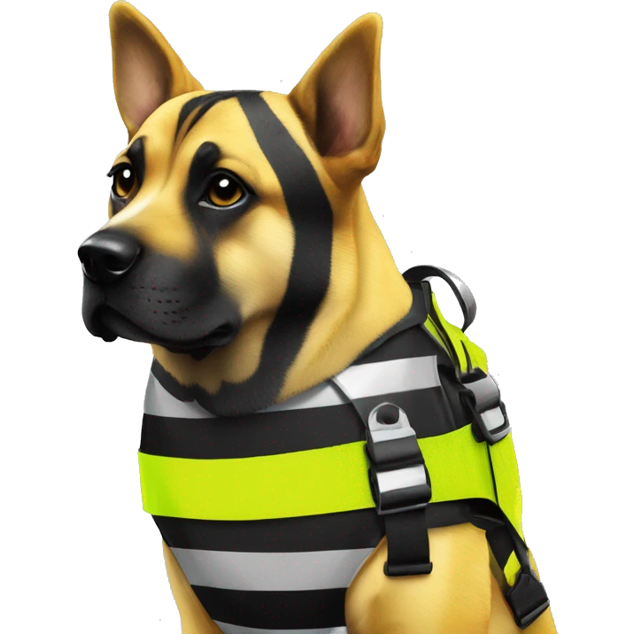 Neon Yellow and black striped caution dog covered in caution tape and holographic harness graffiti emoji