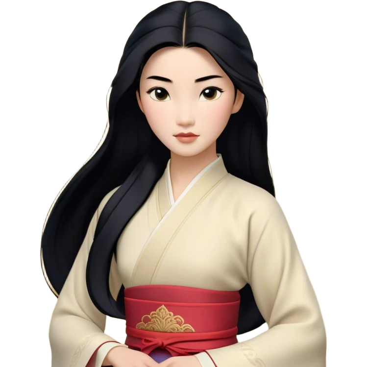 Cinematic Realistic Mulan Portrait, depicted with lifelike skin texture, soft natural lighting, and intricately detailed long black hair styled elegantly. Her deep, expressive eyes exude determination and grace, complemented by a serene yet confident expression. She is dressed in her classic attire, with rich fabric textures and delicate folds that catch the light beautifully. The portrait features a soft, enchanting glow with a natural, radiant finish, capturing the essence of timeless strength and beauty in a realistic and painterly style, evoking a sense of depth and authenticity. emoji