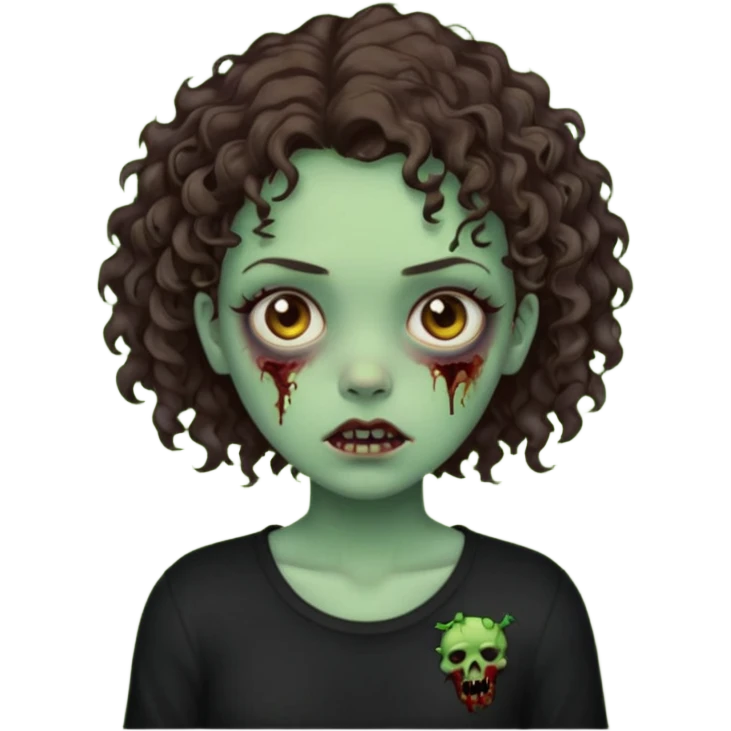 Zombie girl emoji verde um pouco escuro com cabelo curto cacheado castanho no ombro com uma blusa preta emoji