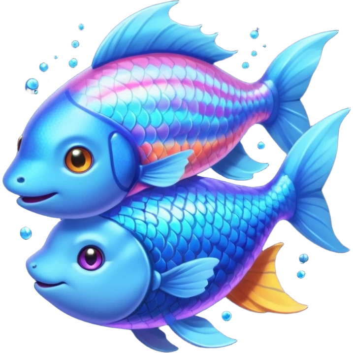 Make a pair of hugging or cuddling best friends: a rainbow fish glow with a magical aura and a vivid blue fox emoji