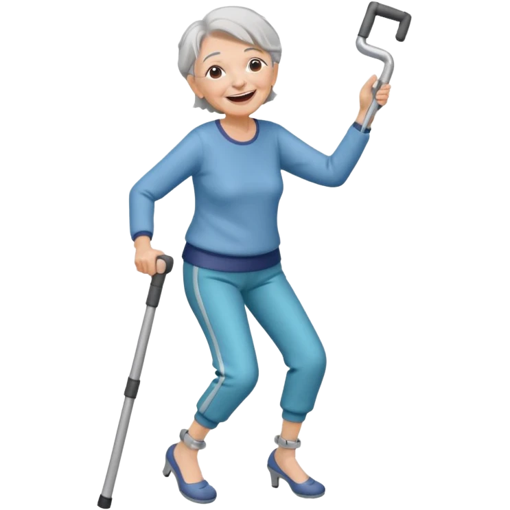 elderly woman with pants, grey hair, laughing and dancing th crutches                    and with a sorry look emoji