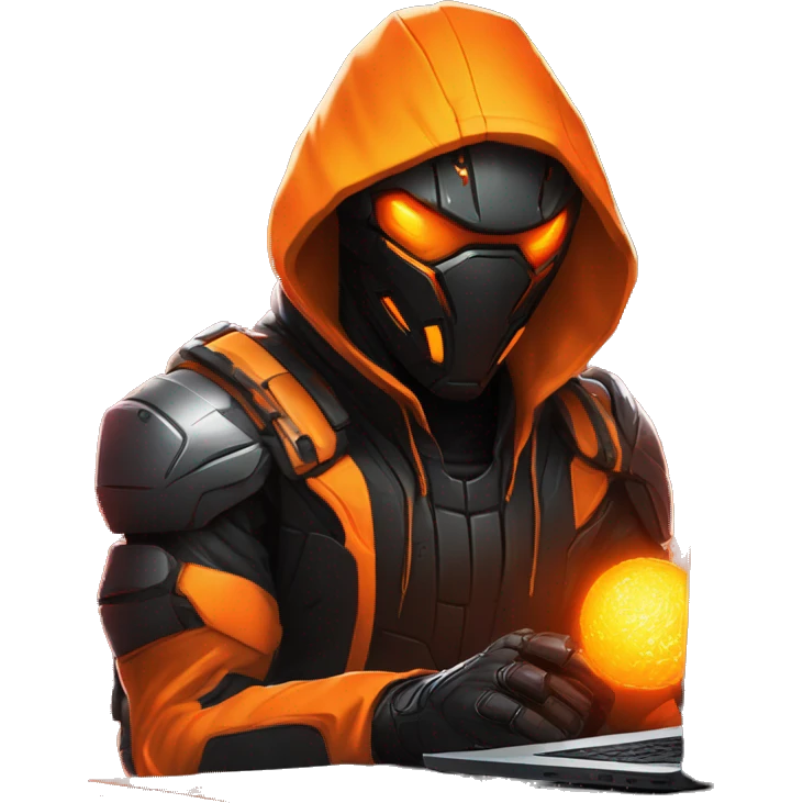  developer behind his laptop with this style : crysis Cyberpunk Valorant orange glowing bright orange character orange black hooded assassin themed character emoji