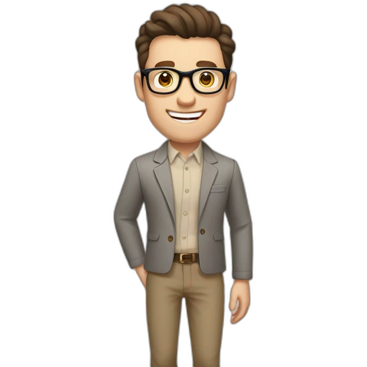 Joyful Pale skinned Fit Man With dark brown hair in gray jacket, beige office shirt, Brown pants and vintage glasses. His thrumbs up emoji