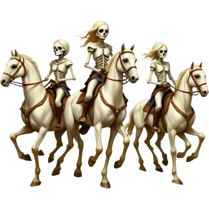 aesthetic brilliant radiant divine lighting, oil paint - ivory Four thin women as riders of the Apocalypse, after a graphic by Albrecht Dürer in a desolate landscape on horse skeletons emoji