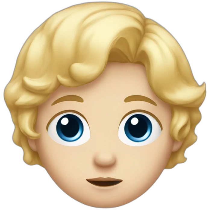 A baby with blond hair, blue eyes and a blue t-shirt and a sad face emoji
