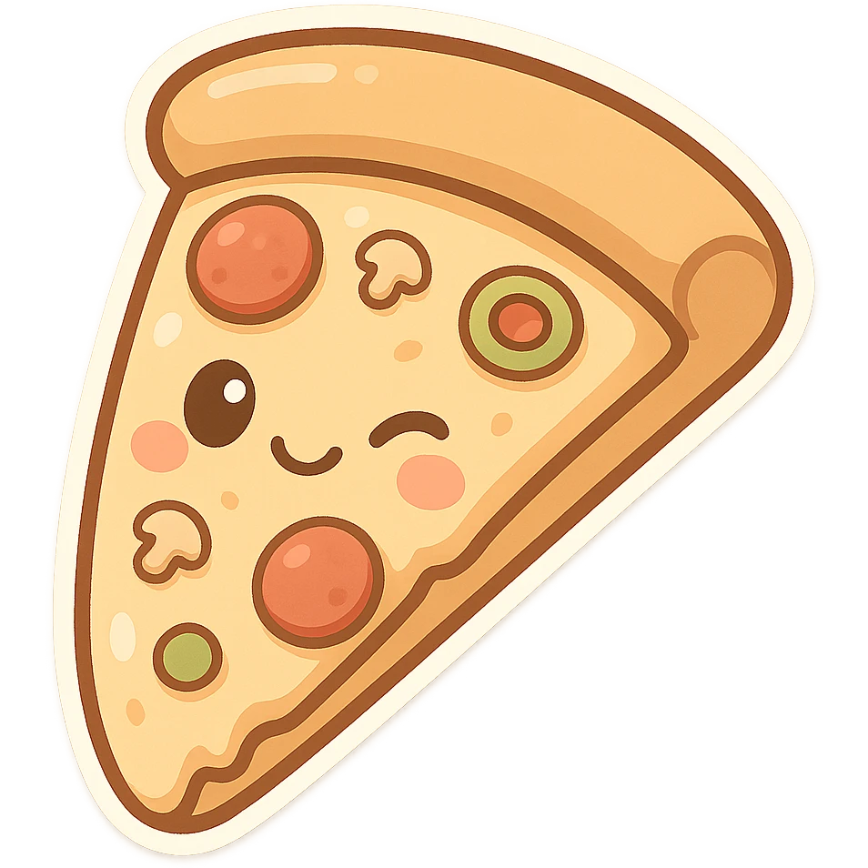 chibi sticker-style slice of pizza with a winking face, cute and exaggerated emoji