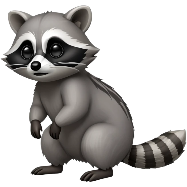 Cinematic-Raccoon-Realistic-hunched Full-Body on all fours-Emoji – Tail flicking lazily, head tilted dramatically, thick grey fur with a signature black mask, sharp and alert ears, simplified yet realistic focused features, highly detailed, glowing with an almost sarcastic glow. big black eyes emoji