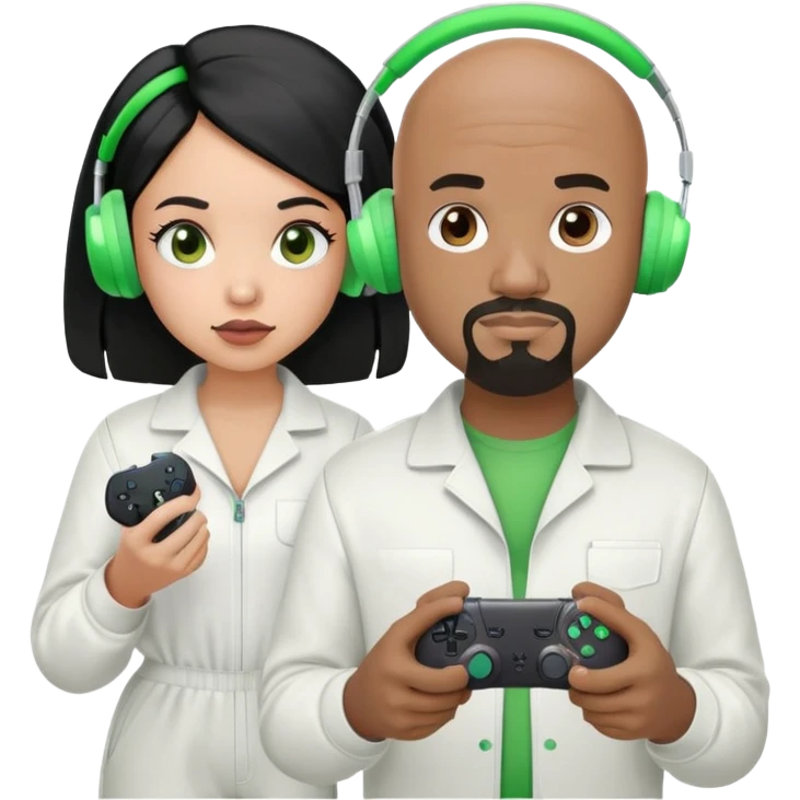 A bored, bald, black man with a goatee wearing a white jump suit, green headphones and holding a ps5 controller. mad, young, Hispanic woman with long black hair emoji