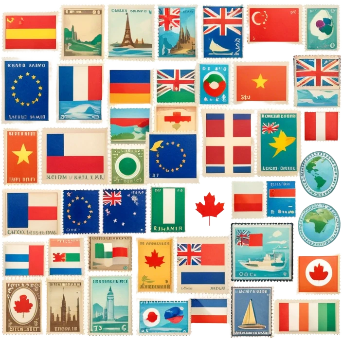 Icon for Stamp Collecting: a collection of vintage and colorful stamps arranged in an album or on a desk, showcasing various countries and themes. The icon should reflect the charm and history of philately. Transparent background. emoji
