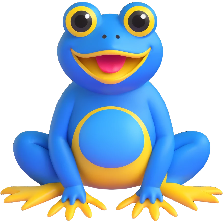 blue frog, sitting pose, exaggerated yellow mouth, wide eyes, cute and silly, appealing to children, no accessories emoji