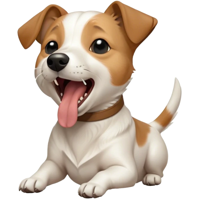 Cinematic Cute Yawning Jack Russell Terrier Portrait Emoji, Head tilted slightly with a dramatic, wide-open yawn, showcasing a compact, energetic form with floppy ears and sleepy, half-closed eyes, a slightly open mouth revealing gentle canine charm, Simplified yet irresistibly adorable features, highly detailed, glowing with a soft, cozy glow, high shine, relaxed yet expressive, stylized with a dash of whimsical canine ease, soft glowing outline, capturing the essence of a drowsy yet affectionate Jack Russell Terrier that appears ready to stretch out and yawn its way out of the screen! emoji