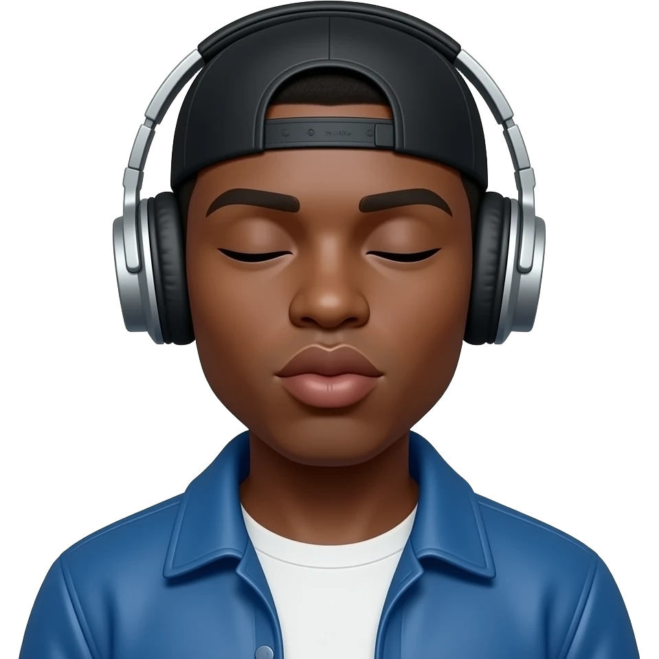A black person bit brown is with headphones on and have a durag on his headwhich is black and is wearing a blue jacket and his face expression is like his eyes are closed and hes lips are in kissing form  he has no beard emoji