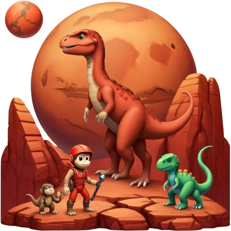 Planet Mars with monkey, human and dinosaur  emoji