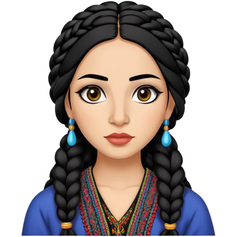 Afghan nose, pretty lips, afghan clothes, medium skin,  long black hair braid, pretty bratz baddie, black eyeliner emoji