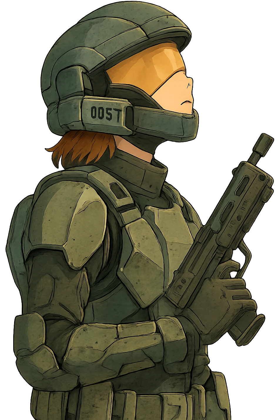 A female odst, right shoulder profile, helmet on, looking up to the sky, holding their trademark suppressed smg at ease emoji