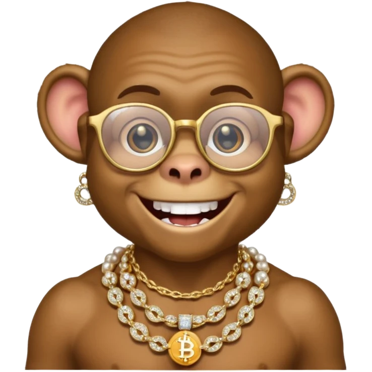 rich monkey with glasses smiling with diamond grillz and a bitcoin golden chain with diamond pearls emoji