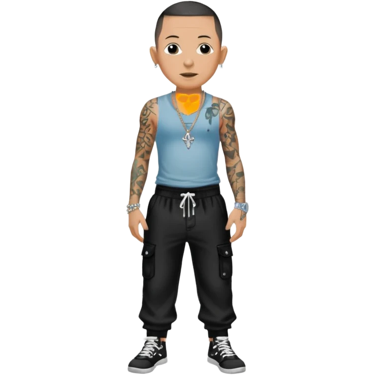 Chester Bennington with black sequin baggy pants, shirtless with necklace emoji