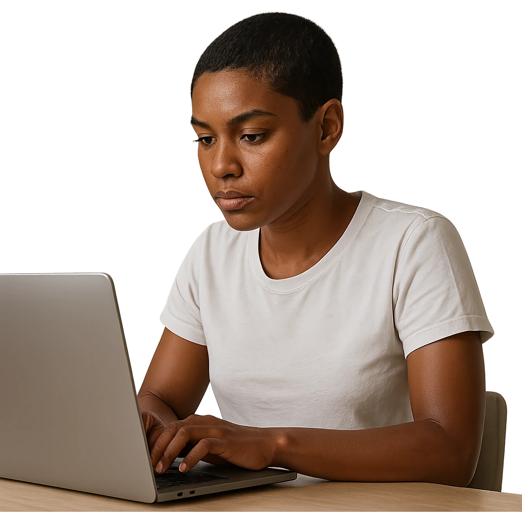 A short-haired girl with a dark complexion, white features, using a laptop, simple and clear composition, realistic style, natural lighting, detailed emoji
