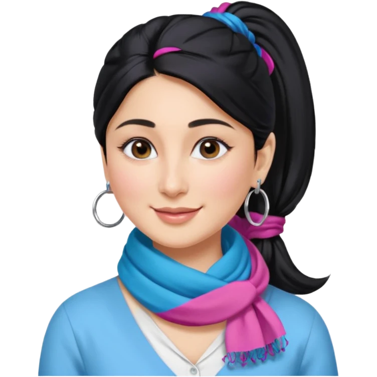 generate a pretty bratz emoji 
Make her wear a white shirt with a colorful blue-pink scarf wrapped around her neck. smiling big. Black hair tied into a side part ponytail, silver hoops and no necklace

She should look exactly  like Kareena Kapoor. kohl under eyes emoji