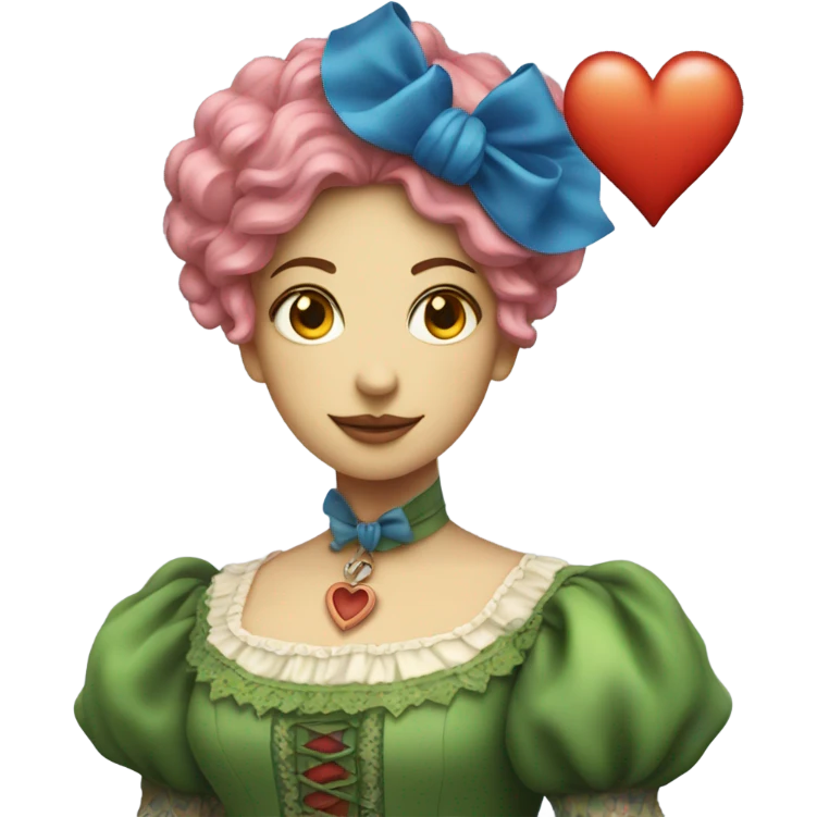 a green woman in Victorian orange and blue dress, pink hair,holdig, red big hearth, full body emoji