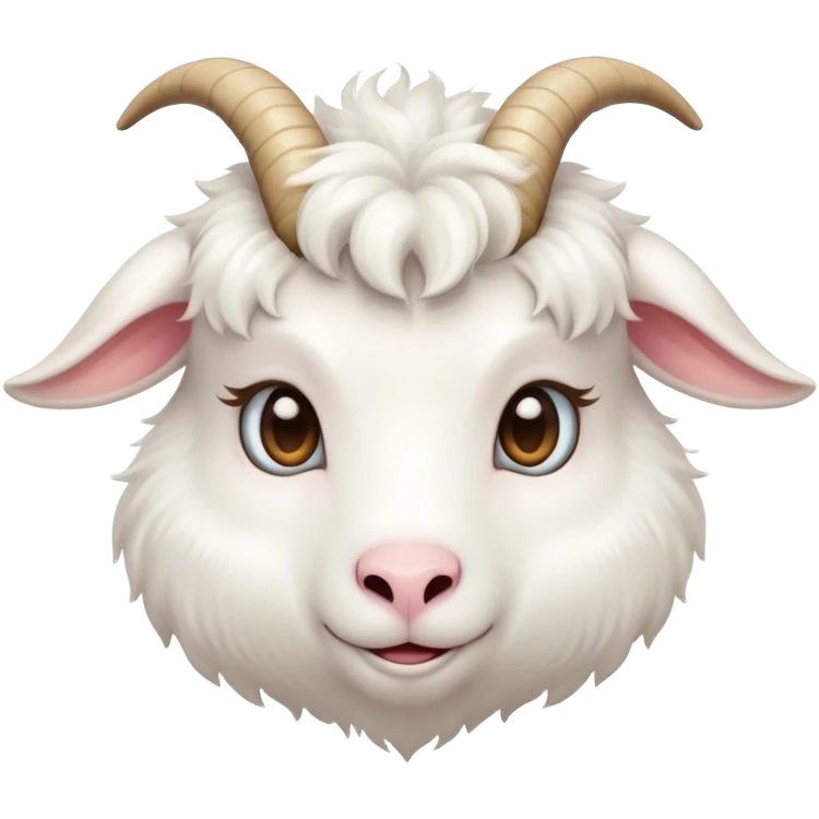 Cinematic Cute White Goat Portrait Emoji, Head tilted playfully and inquisitively, featuring a fluffy, immaculate white fur with charming curved horns, round, sparkling eyes filled with gentle curiosity, Simplified yet irresistibly adorable features, highly detailed, glowing with a warm, friendly glow, high shine, affectionate and lively, stylized with a touch of whimsical charm, bright and endearing, soft glowing outline, capturing the essence of a mischievous yet loving goat, so playful it feels like it could trot out of the screen and into your arms! emoji