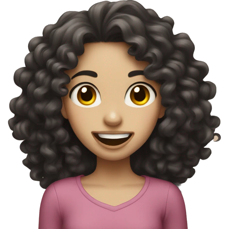 a girl with pale skin, long curly dark hair, sticking her tongue out happily emoji