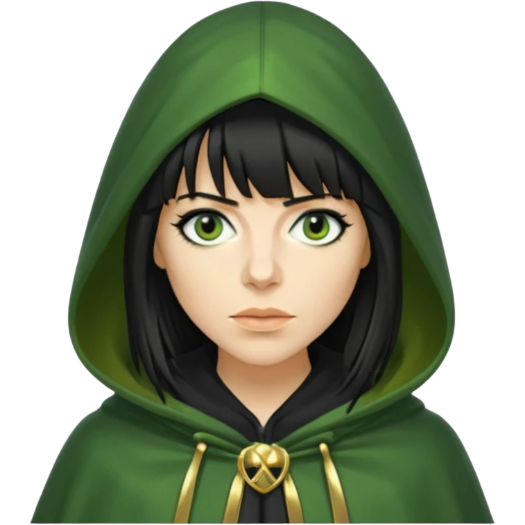 claudia winkleman with a heavy fringe as a traitor with a green hooded cloak with a gold clasp and dark black eyeliner emoji