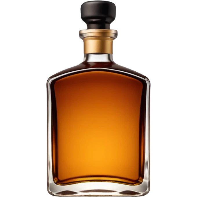 short square-shouldered glass bottle filled with rich amber-brown liqueur, dark glossy glass, wide black or dark brown cap, compact elegant silhouette, no label, no garnish, sealed bottle, soft lighting, subtle shadows, emoji scale emoji