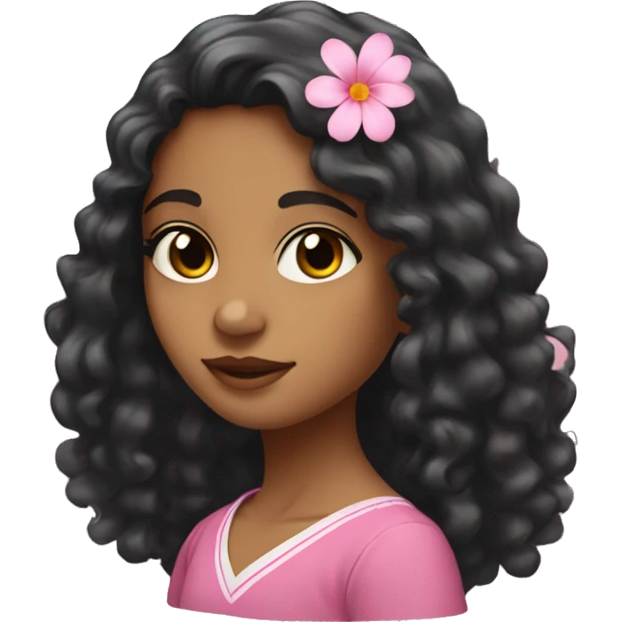 srilankan girl with long black curly hair, almond eyes and a pink flower tucked behind her ear  emoji