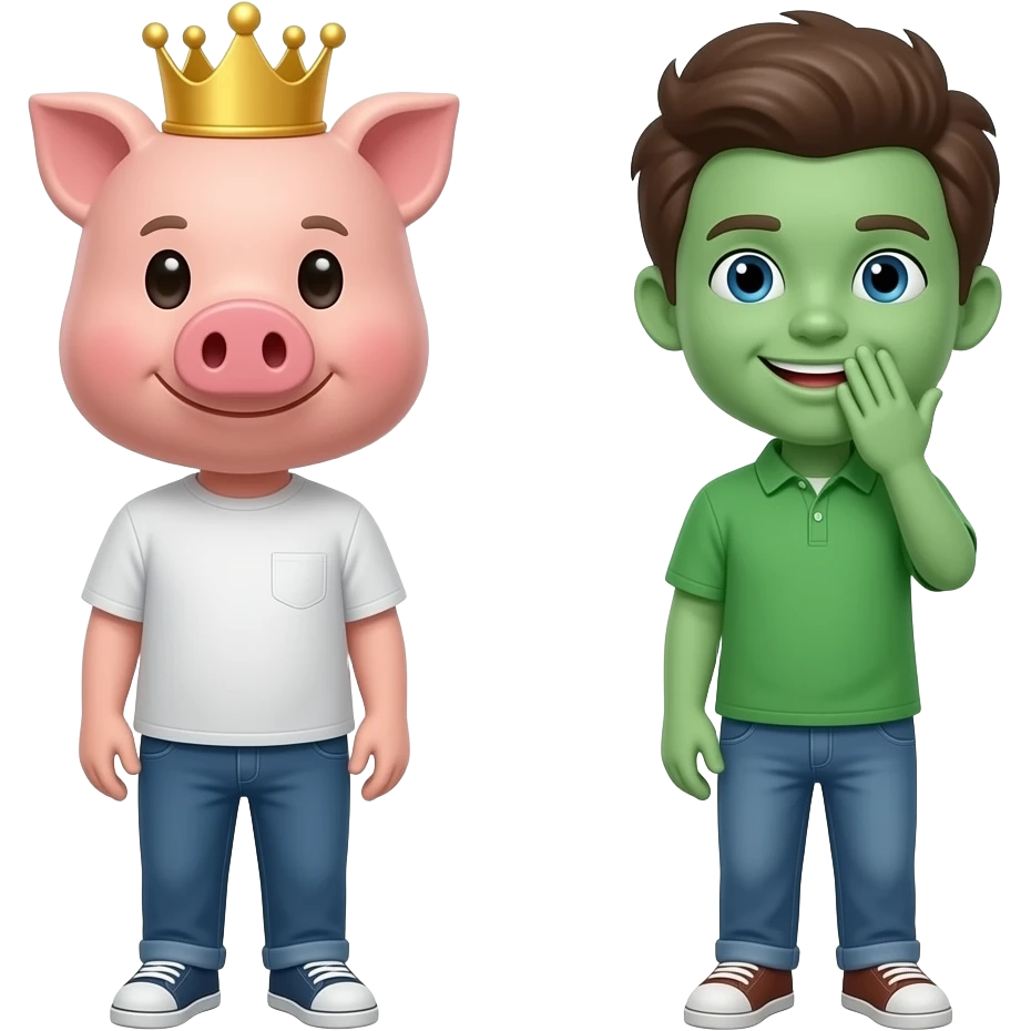 ein Junge mit einem viereckigen kopf und blonden haaren und im hintergrund ein schwein mit einer krone und danneben ein grüner mensch und ein smilie bedeckt das gesicht emoji