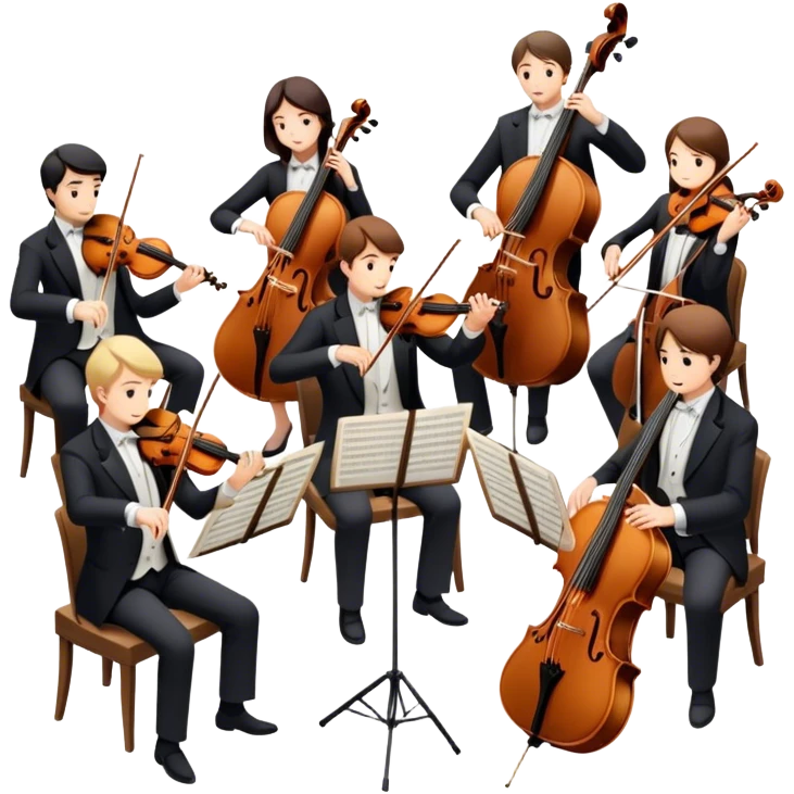 Icon for Classical Music: chamber orchestra with 4-5 musicians playing string instruments (violins, violas, cellos) and a conductor leading the ensemble. The intimate, refined atmosphere. Transparent background. emoji