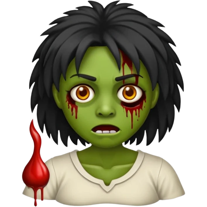 Emoji de uma garota zumbi com os cabelos longos, lisos e pretos. Ela usa uma franja curta que cobre toda a sua testa. Tem a pele esverdeada e ferimentos no rosto ultra-realista e cobertos com sangue, usa uma blusa branca rasgada e suja de poeira. emoji