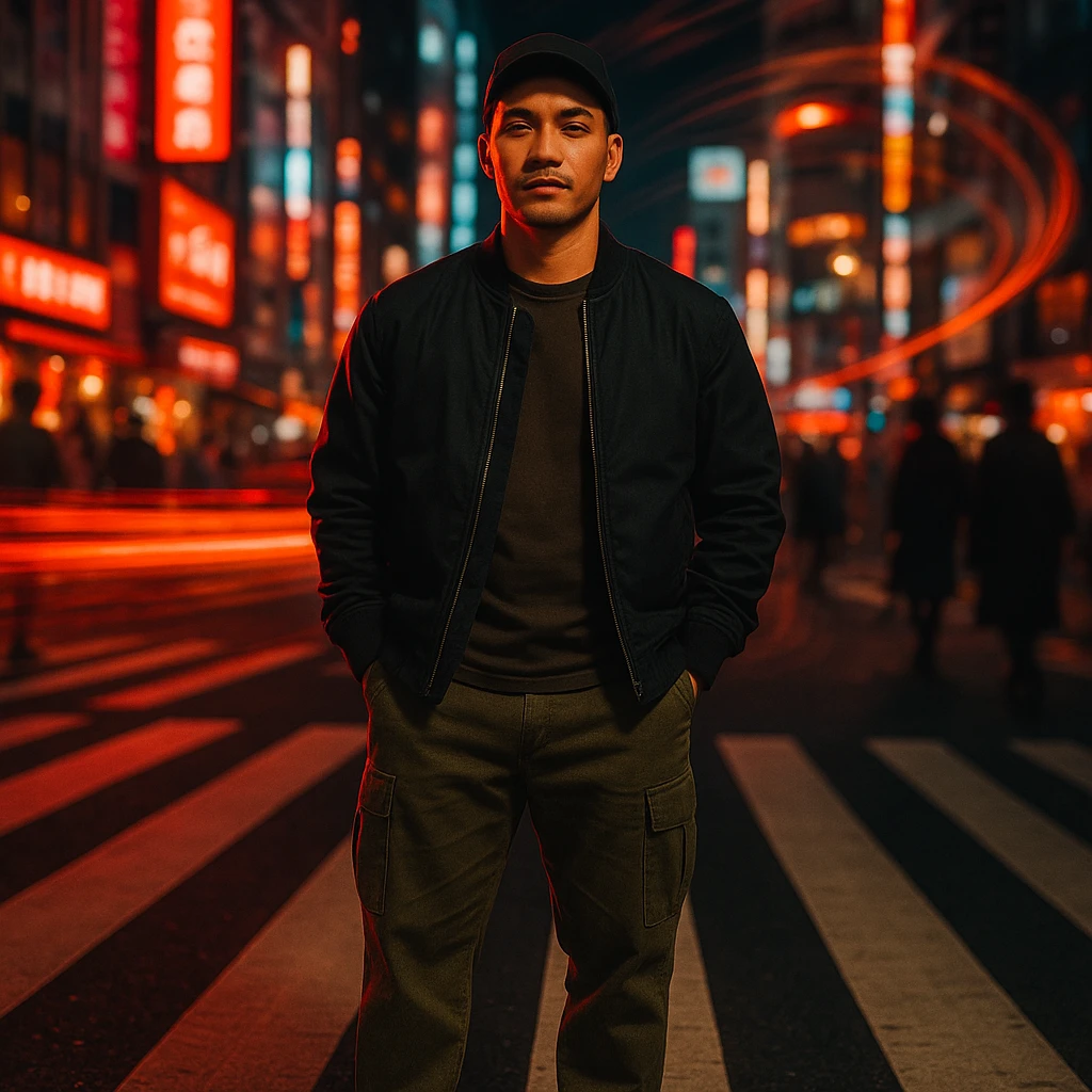 Create a cinematic photo of a Southeast Asian man in his early 30s with medium tan (sawo matang) skin, clean and sharp look, standing in the middle of a zebra crosswalk at night in a bustling city like Jakarta or Tokyo. The man has a calm, confident expression with eyes slightly squinted, looking forward. He wears a dark bomber jacket, neutral T-shirt, relaxed-fit cargo pants, clean sneakers, and a black baseball cap forward. Both hands are in pockets with a relaxed but solid posture. The background features neon signs, light trails, silhouettes of pedestrians, and spiral motion blur. The lighting is bold and cinematic with soft flash on the face, deep shadows, and glowing red, blue, and orange lights. The color palette is rich, warm, and saturated with a 35mm film or fashion editorial look. Urban, edgy, nightlife intensity. Use the reference image for facial structure and vibe. emoji