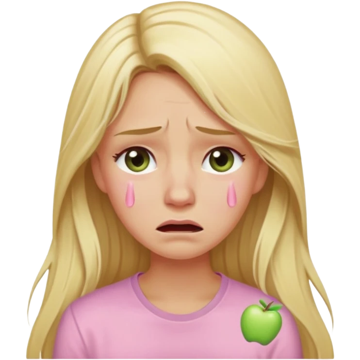 blonde with long hair and swamp-colored eyes, wearing a pastel pink shirt, crying, iOS Apple emoji style emoji