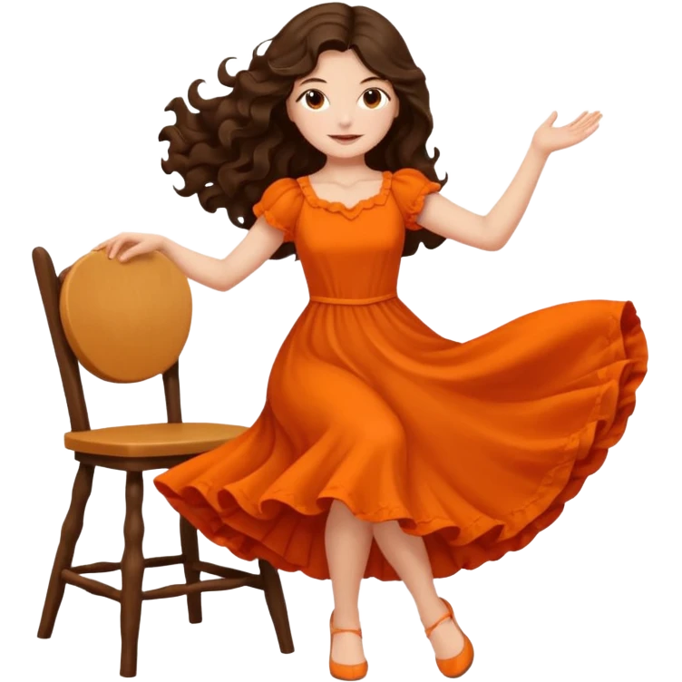 Long dark wavy hair women in orange standing and twirling around a chair  emoji