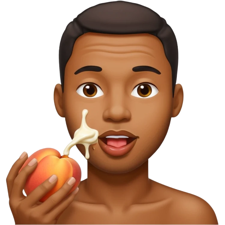 Sexual peach filled with cream spilling out and the tongue emoji licking the cream black man emoji