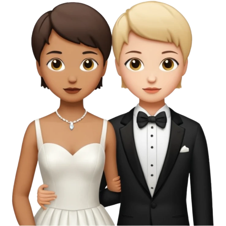 due ragazze che si sposano,una ha i capelli corti r lo smoking e l'altra ha il vestito bianco da sposa  emoji