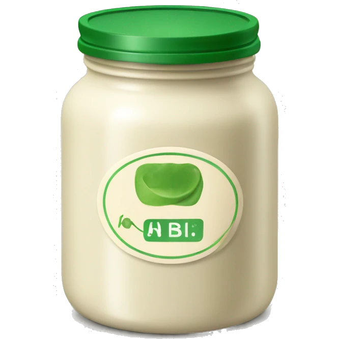 a cream coloured jar with a green lid & green label emoji